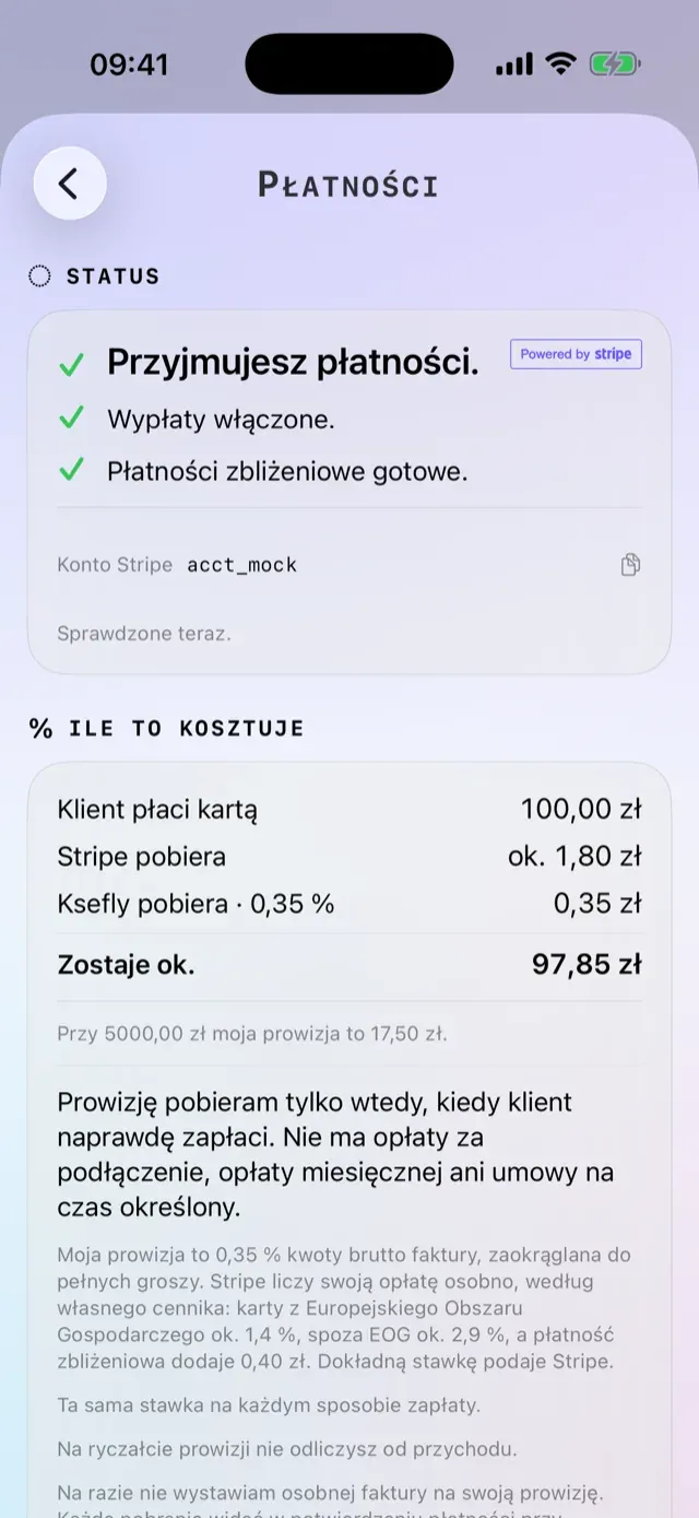 Pokój płatności w aplikacji — status konta Stripe i pełne wyliczenie prowizji
